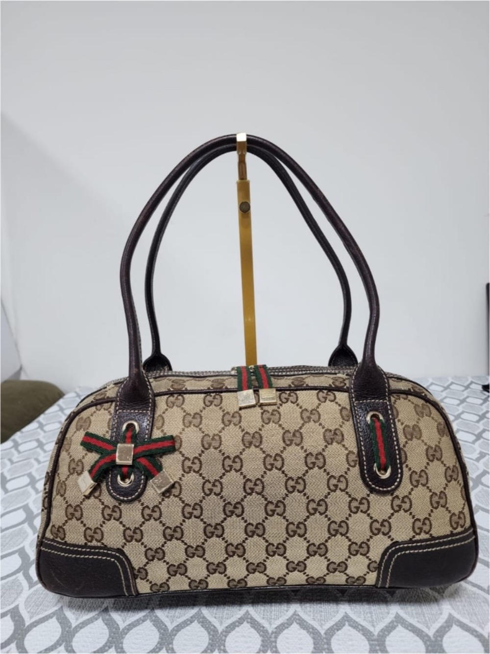Authentic GUCCI Vintage Monogram Small Princy Shoulder Dark Brown/Beige